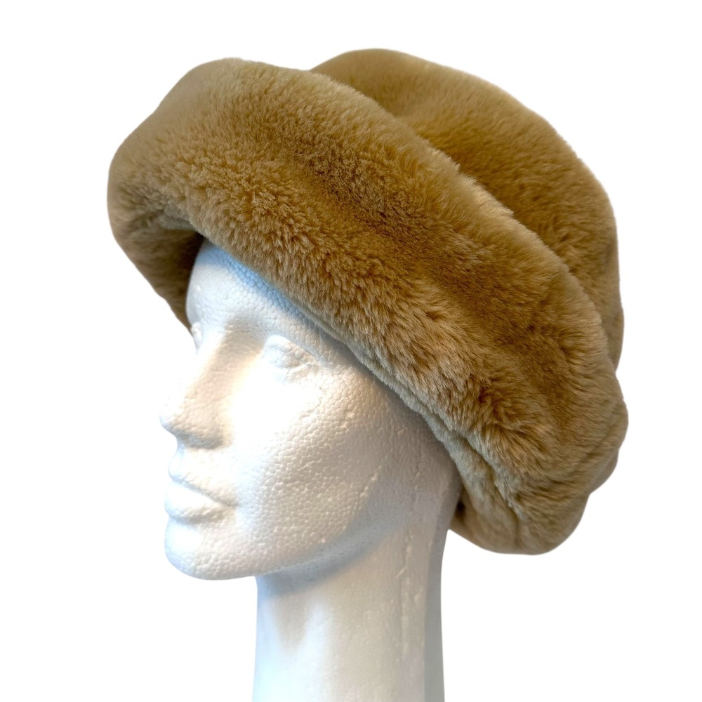 Aris Isotoner Womens Faux Fur Bucket‎ Hat Camel Tan Thick Plush Winter Nordic